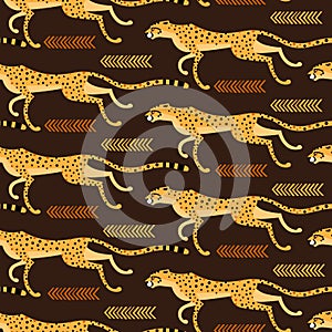 Seamless pattern with running cheetahs, leopards. Repeated exotic wild cats on a brown background. Vector illustration