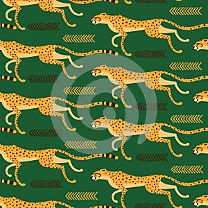Seamless pattern with running cheetahs, leopards. Repeated exotic wild cats on a green background. Vector illustration