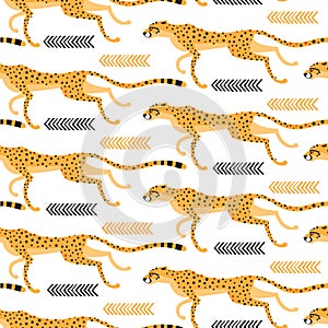 Seamless pattern with running cheetahs, leopards. Repeating exotic wild cats on a white background. Vector illustration