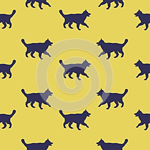 Seamless pattern. Running longhaired german shepherd dog puppy. Dog silhouette. Endless texture. Design for wallpaper