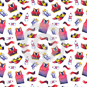 Seamless pattern with running t-shirts, player, water, sneakers, flag. Hand drawn watercolor illustration isolated on white