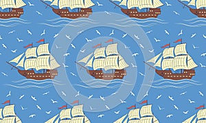 Seamless pattern with sailboats and gulls