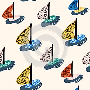 Seamless pattern with sailboats. Marine summer modern background. Vector Illustration