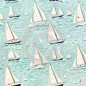 Seamless pattern with sailboats in the sea. Vector illustration