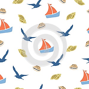 Seamless pattern sailboats, seashells, gulls. Boats, shell, flying seagull paint repeat texture, vector eps 10