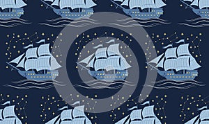 Seamless pattern with sailboats and stars