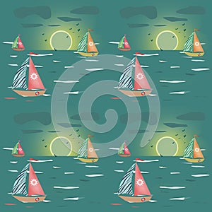 Seamless pattern with sailing-ship, sunset and clouds