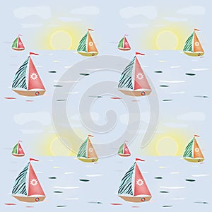 Seamless pattern with sailing-ship, sunset and clouds background