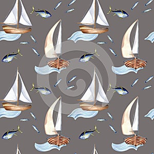 Seamless pattern of sailing ship vintage style watercolor illustration isolated on gray. Sailboat, vessel on waves, tune