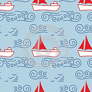 Seamless pattern with Sailing yacht in the sea, waves and clouds. Line doodle sketch. Hand drawn Vector illustration