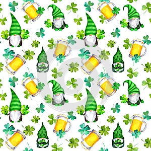 Seamless pattern for Saint Patrick day - gnomes, lucky four leaf clover, beer mugs. Watercolor holiday repeated backdrop