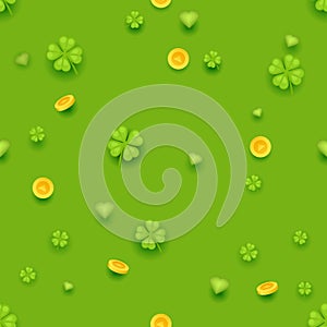 Seamless Pattern Saint Patrick Day Gold Coins Clover Green Hearts Background Greeting Card Flat Design Vector