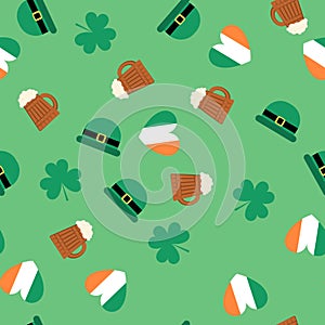 Seamless pattern for Saint Patrick`s Day. Leprechaun`s hat, beer, shamrock and heart in irish flag colors