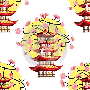 Seamless pattern Sakura cherry sunset Chinese pagoda Vector ill