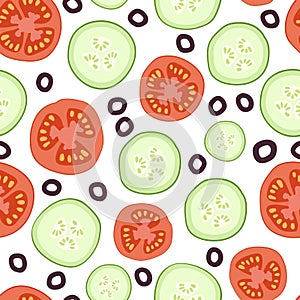 Seamless pattern with Salad Ingredients. Vegetables for healthy food. Cucumber, tomato, olive slices. Healthy nutrition