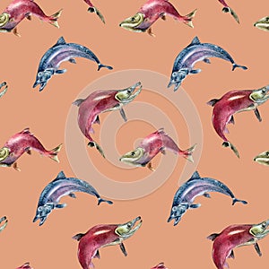 Seamless pattern of salmon, coho, chum watercolor illustration isolated on pink.