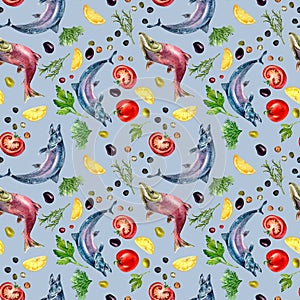 Seamless pattern of salmon and herbs watercolor isolated on blue.