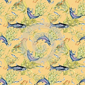 Seamless pattern of salmon and sea plants watercolor isolated on beige. Wild fish, seaweed, laminaria hand drawn. Design