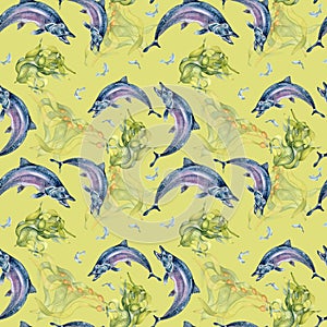 Seamless pattern of salmon and sea plants watercolor isolated on green.