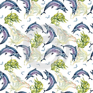 Seamless pattern of salmon and sea plants watercolor isolated on white.
