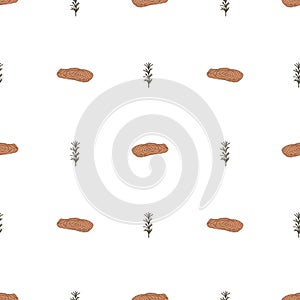 Seamless pattern with salmon slices and rosemary. Flat hand drawn vector illustration. For printing on menus, fish restaurants,