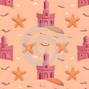 Seamless pattern with sand castle and starfishes in cartoon style