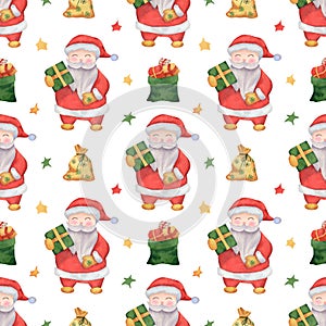 Seamless pattern with santa claus, bag with presents, gift boxes, stars. Watercolor background for holidays wrapping paper, kids