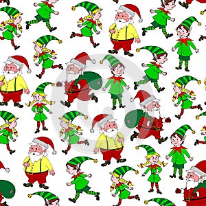 Seamless pattern with Santa Claus, Christmas elfes. New year Xmas backgrounds and textures. For greeting cards, wrapping paper,