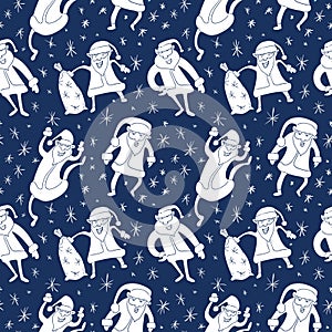 Seamless pattern with Santa Claus. Christmas and New Year background in cute doodle style.