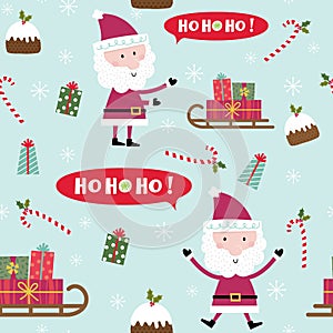Seamless pattern with Santa Claus, Santa sleigh, pudding, candy cane design