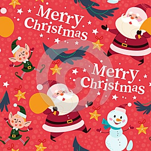 Seamless pattern with Santa Claus, snowman and happy elves characters in hats, fir tree branches, stars decor.