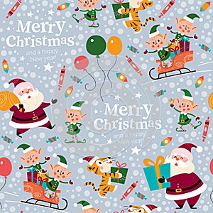 Seamless pattern with Santa Claus, tiger, elves characters in a sleigh with Merry Christmas congratulation.