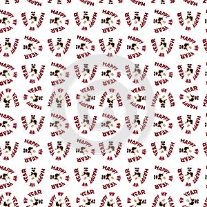 A seamless pattern of Santa`s figurines and the inscription happy new year arced against a white background
