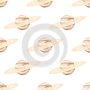 Seamless pattern with Saturn planet isolated on white background. Planet of solar system. Cartoon style vector illustration for