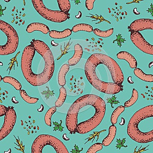 Seamless pattern with sausage and spices. Food. Hand drawn Meat products on a blue background: smoked sausages, baked meatloaf, f