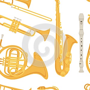 Seamless pattern Saxophone and classical French horn musical instrument with flowing musical notes vector illustration