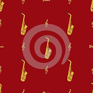 Seamless pattern with saxophones, treble clefs and word jazz. May be used for wrapping, book covers, envelope etc.