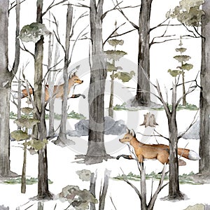Seamless pattern scandinavian illustrations fox animal in forest. Realistic winter cute walking red wild fox isolated illustration
