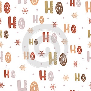 Seamless pattern with scandinavian lettering hohoho. Cute letter and snowflake on white background. Abstract wallpaper