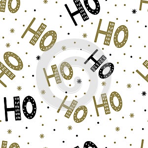 Seamless pattern of scandinavian lettering hohoho. Gold black letter and snowflake on white background. Abstract