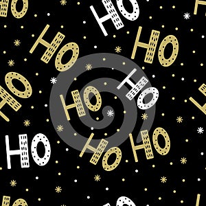 Seamless pattern of scandinavian lettering hohoho. Silver letter and snow on black background. Abstract wallpaper and