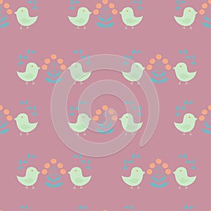 Seamless pattern in scandinavian style with  birds, flowers and leaves on a pink rose background, vector