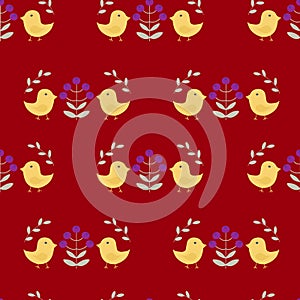 Seamless pattern in scandinavian style with  birds, flowers and leaves on a red background, raster