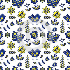 Seamless pattern in scandinavian style with flowers, birds and butterflies