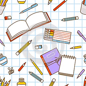 Seamless pattern with school art supplies - notebooks, pens, drawing pencils - cartoon background for happy design