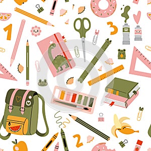 Seamless pattern with school stationery and art supplies on a white background, cartoon style. Back to school. Trendy