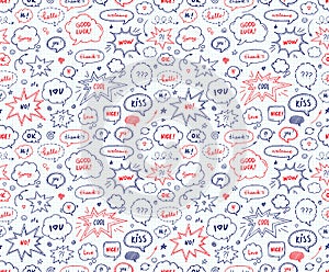 Seamless pattern in school style. Hand drawn set of speech bubbles with dialog words. Vector illustration over squared notebook s