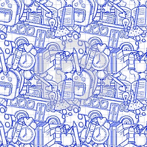 Seamless pattern with school supplies and creative elements in sketch style on a white checkered background. Back to school