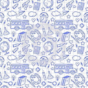 Seamless pattern with school supplies and creative elements in sketch style on a white checkered background. Back to school