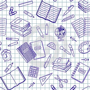 Seamless pattern with school supplies. Drawing in blue ink on a sheet of exercise book